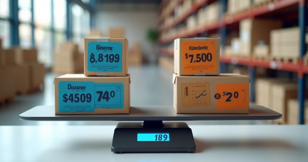 Balança digital equilibrando caixas de encomendas com etiquetas de frete fixo e frete dinâmico