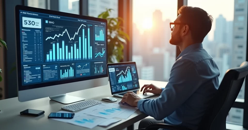 Profissional analisando gráficos de crescimento e estratégias digitais em tela de computador