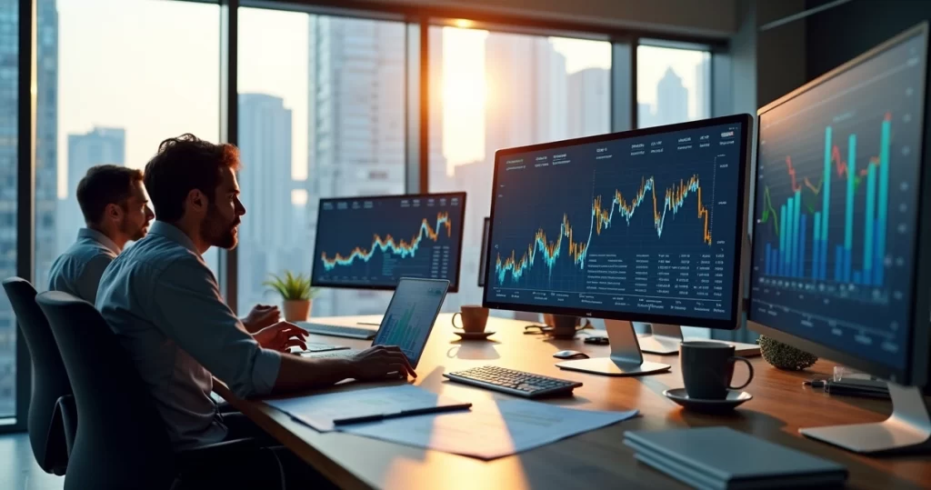 Equipe de profissionais de marketing digital reunida em escritório moderno com telas exibindo gráficos de crescimento e análise de dados