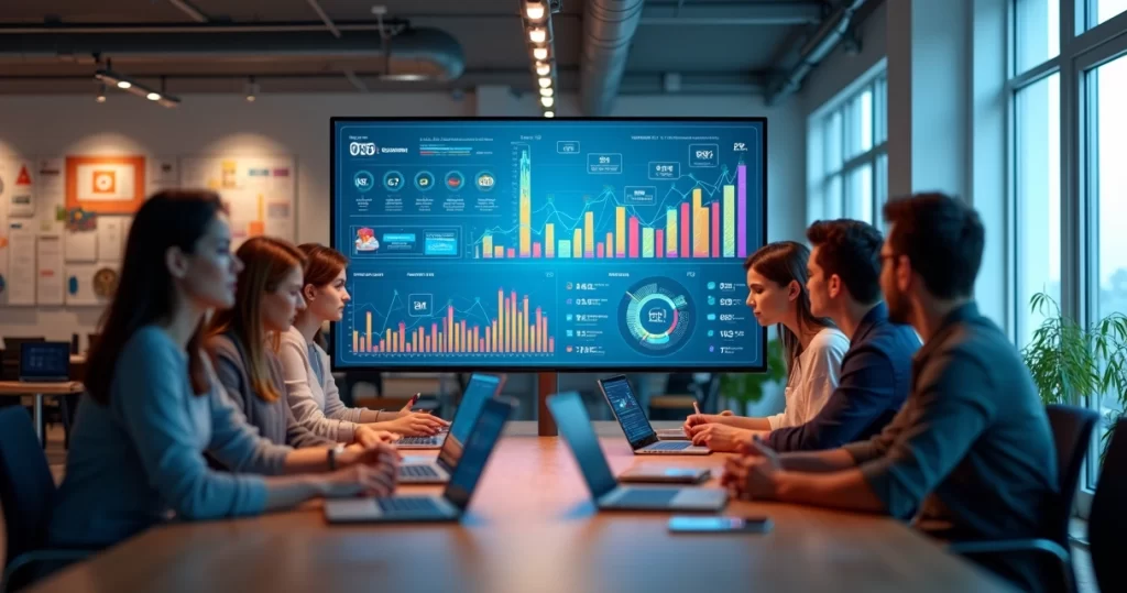 Equipe de marketing reunida analisando dados digitais em tela grande e gráficos de crescimento no escritório moderno