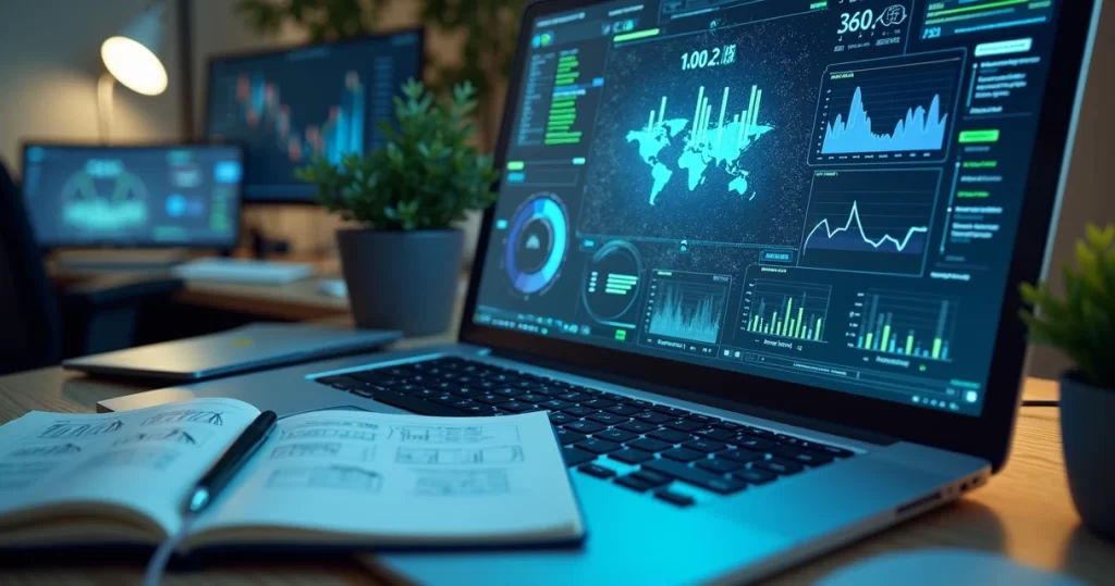 Fluxo digital de integração de dados com gráficos e painéis de controle em tela de computador