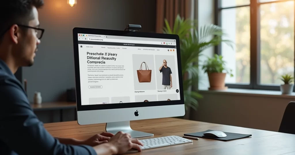 Tela de computador com interface de loja virtual mostrando personalização incorreta e cliente frustrado
