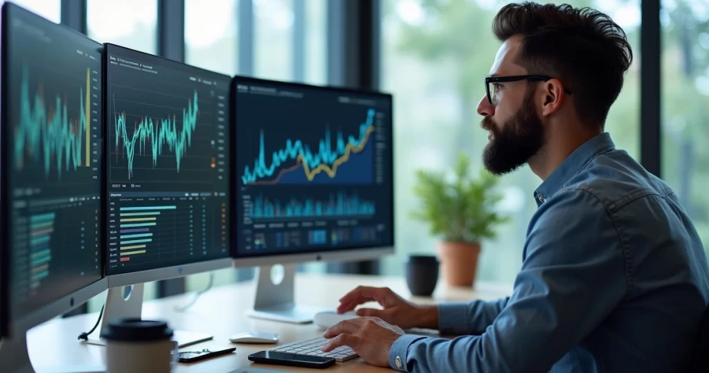 Profissional de marketing digital analisando gráficos e estratégias em múltiplas telas de computador