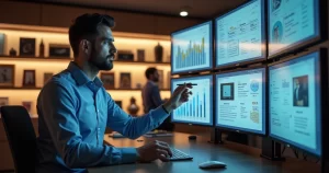 Profissional analisando gráficos de vendas e controle de estoque em telas digitais com produtos organizados ao fundo