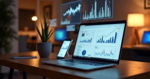 Mesa moderna com notebook, smartphone e gráficos de desempenho digital em telas, ambiente elegante de escritório