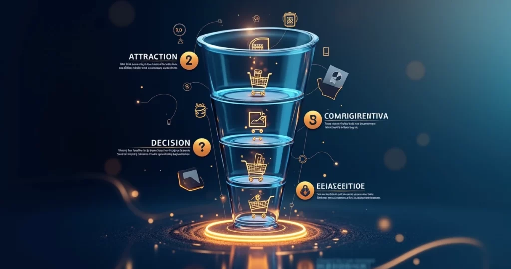 Funil de conversão no e-commerce: etapas e estratégias 6 Representação detalhada do funil de conversão no e-commerce com etapas de atração, consideração, decisão e fidelização em estilo luxury photorealistic