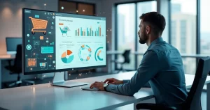 Tela de computador com painel de automação de marketing ao lado de carrinho de compras digital
