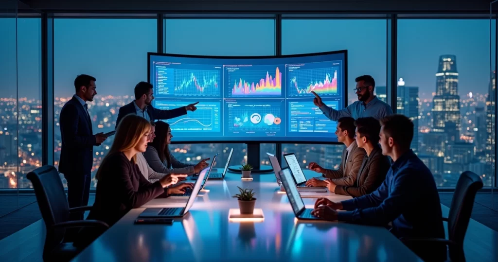 Digital: Como Impulsionar Negócios no E-commerce em 2026 6 Equipe de marketing analisando dados de e-commerce em um painel digital futurista