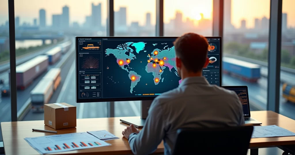 Frete no E-commerce: Tipos, Contratos e Impacto no Negócio 10 Empresário analisando opções de frete em painel logístico digital