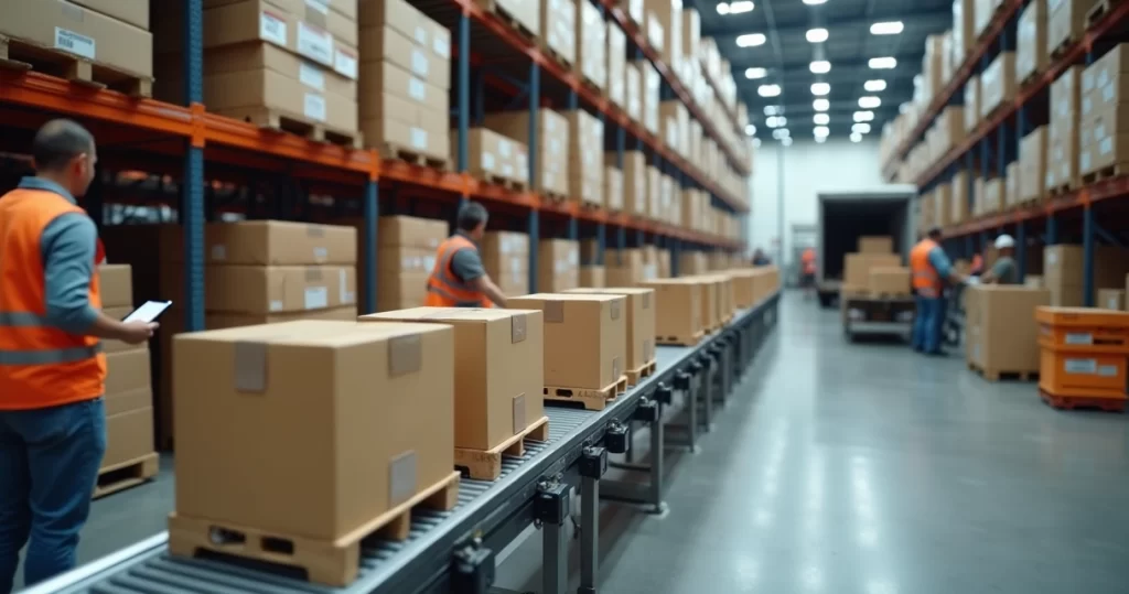 Logística no e-commerce: estratégias para reduzir custos e ganhar eficiência 5 Centro de distribuição de e-commerce com esteiras e caixas sendo separadas