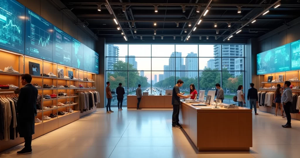 Varejo no Brasil: Tendências, Desafios e Estratégias Digitais 1 Vista superior de loja brasileira com integração entre varejo físico e digital