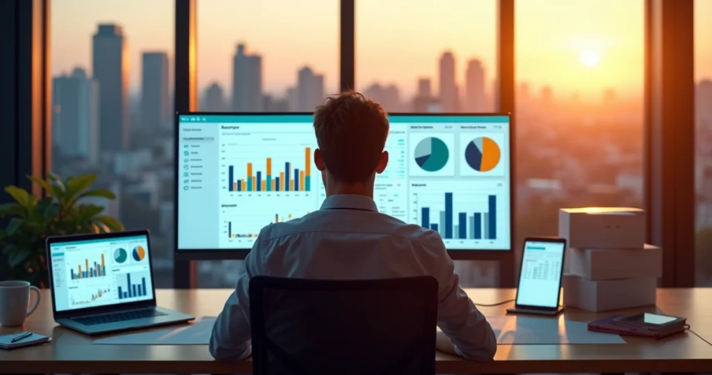 6 Gestor analisando dados de vendas em marketplace em escritório moderno