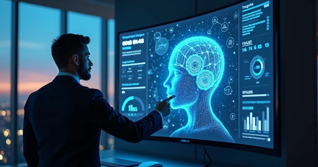 SEO na Era da IA: Como Construir Autoridade Além dos Rankings 6 Profissional diante de tela com IA e gráficos de autoridade digital