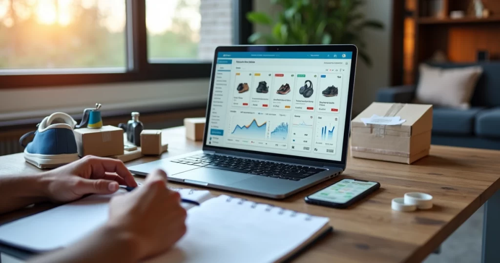 Marketplace: como vender mais e destacar seu negócio online 2 Empreendedor analisa vendas em marketplace em tela de notebook com produtos ao redor