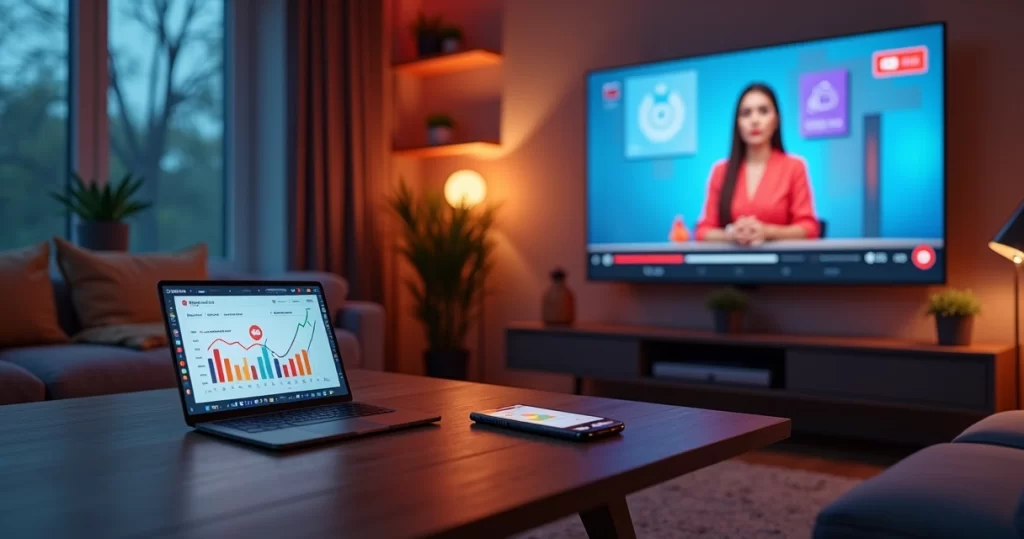 YouTube em 2026: Guia para Marcas, Criadores e Conversão Digital 4 Tela grande mostrando criadora de conteúdo e gráficos digitais em ambiente moderno de trabalho