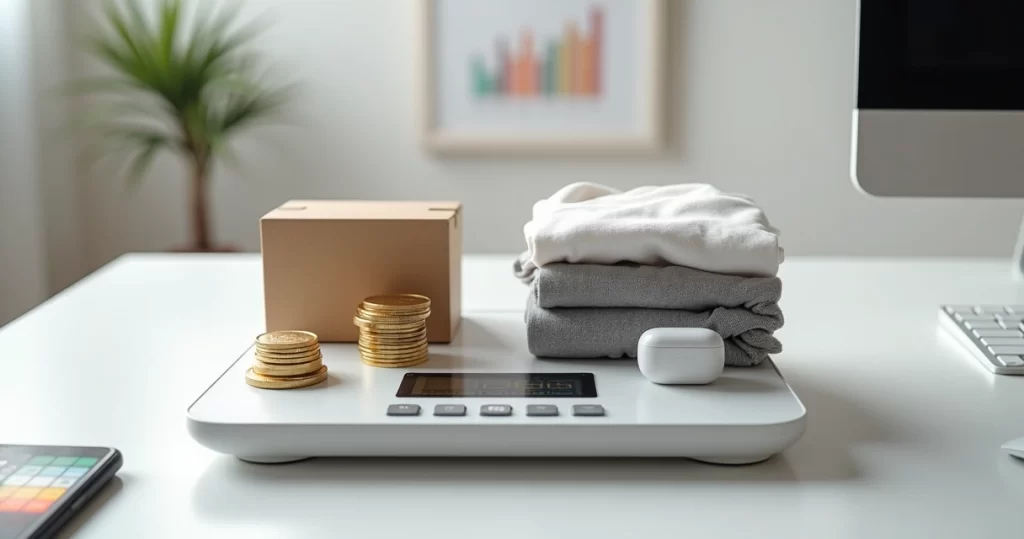 Como Calcular Margem no Marketplace: Guia Prático e Estratégias 8 Balança digital pesando produtos de e-commerce com moedas ao redor
