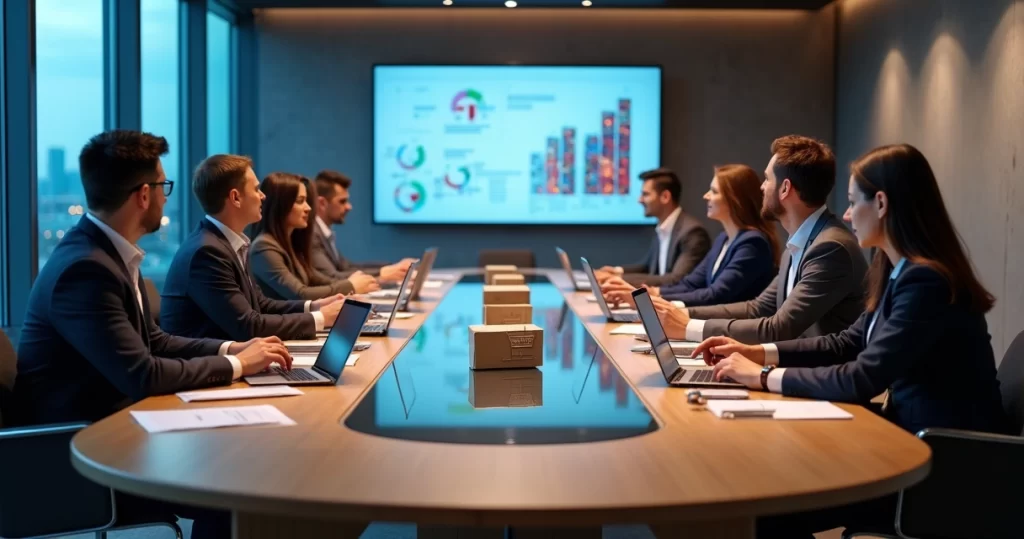 Consultoria Marketplace: Diagnóstico e Estratégias para Vender Mais 2 Equipes em torno de grande mesa analisando estratégia de marketplaces com itens de e-commerce