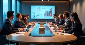 Equipes em torno de grande mesa analisando estratégia de marketplaces com itens de e-commerce