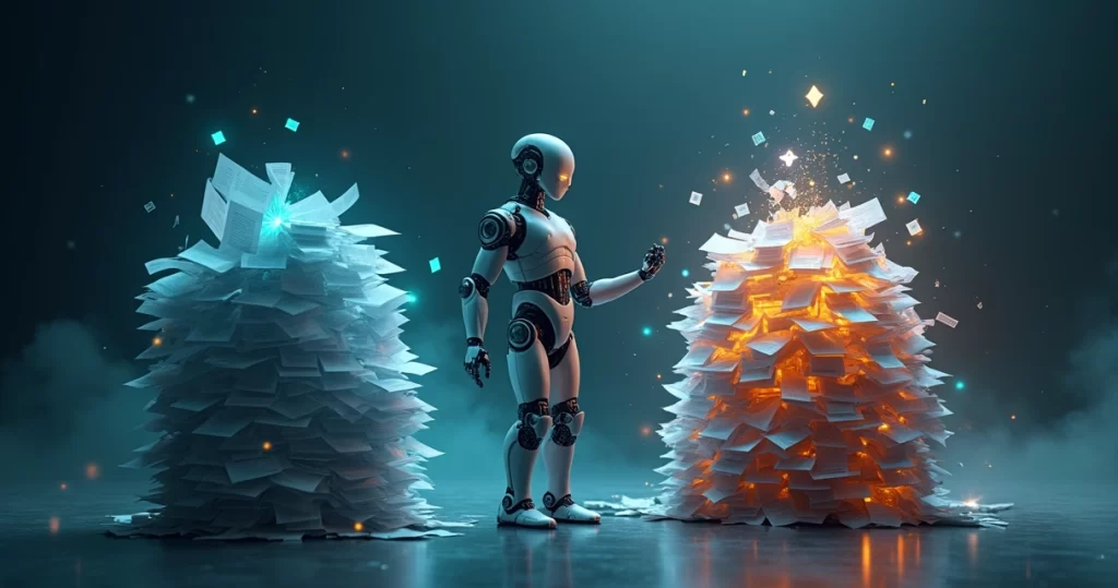 Por que a IA ignora releases e cita mais conteúdo original? 2 Robo de inteligência artificial filtrando pilhas de notícias digitais coloridas