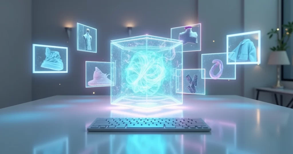 IA Imagem: Como Gerar Imagens para E-commerce e Marketing 7 Interface abstrata de IA criando imagens de produtos para loja virtual