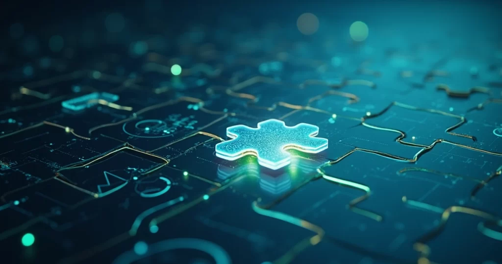 15 maneiras de aumentar conversões no Google Ads sem grandes mudanças 3 Ilustração conceitual de peça de quebra-cabeça digital se encaixando em matriz de dados