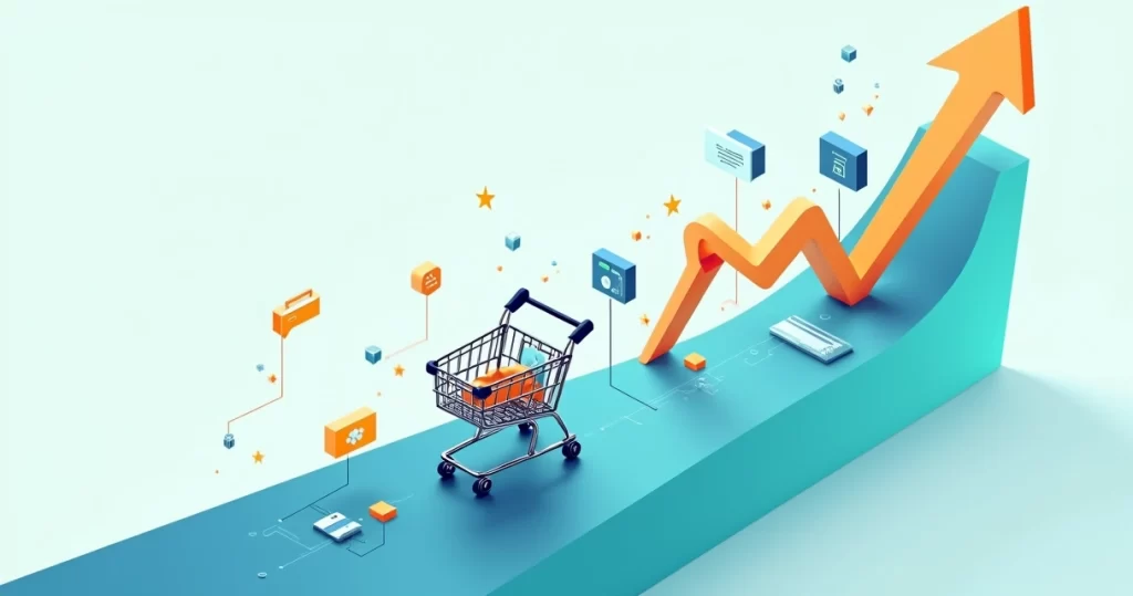 Como aumentar conversão em loja virtual: 10 passos práticos 10 Carrinho de compras digital passando por percurso com ícones de loja virtual e conversão em alta