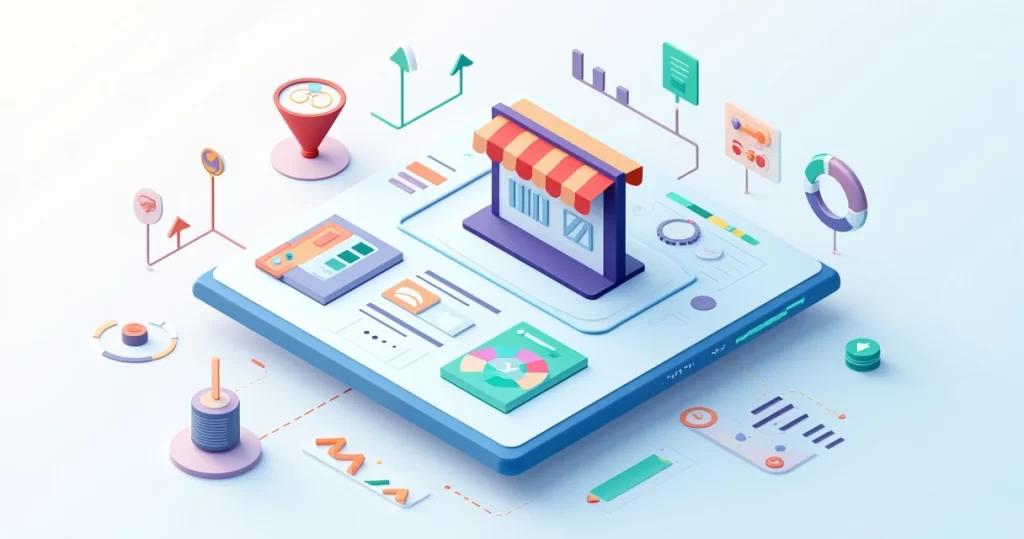 Por que seu primeiro e-commerce não vende? Checklist 2026 2 Tabuleiro de controle digital mostrando loja virtual com alertas de baixa conversão