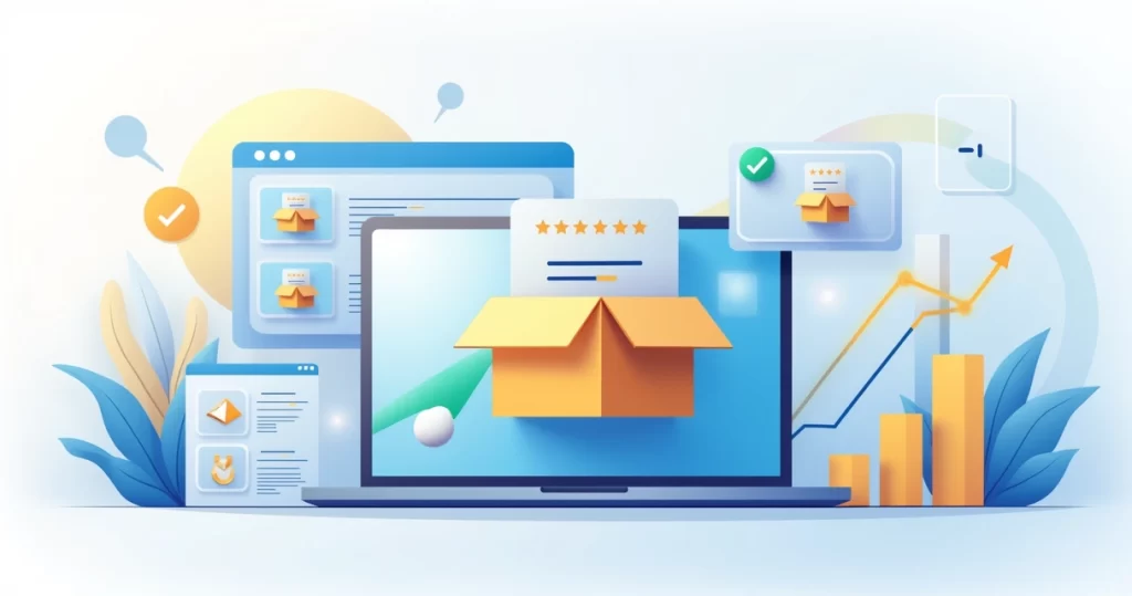 Como aumentar vendas no Mercado Livre com anúncios e reputação 1 Ilustração abstrata mostrando produtos destacados em vitrine digital com gráficos de crescimento