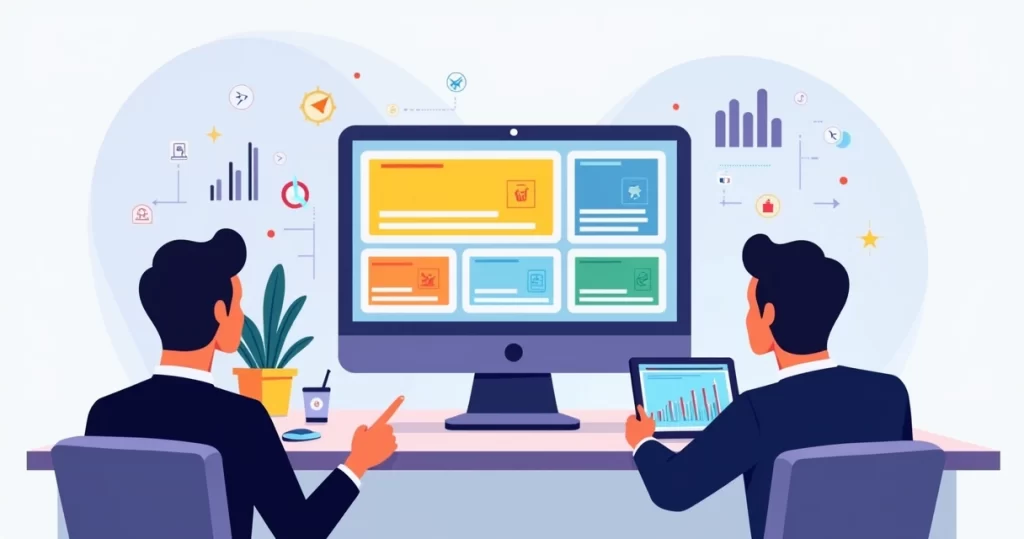 Vender Mais no Mercado Livre em 2026: Domine Algoritmo e Anúncios 2 Painel digital com produtos e gráficos de desempenho em marketplace