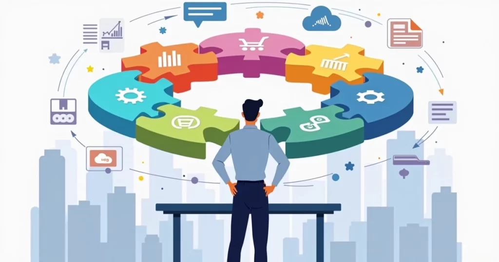 Como escolher empresas para gestão de marketplaces em 2026 3 Executivo observando peças de quebra-cabeça formando uma operação de marketplaces