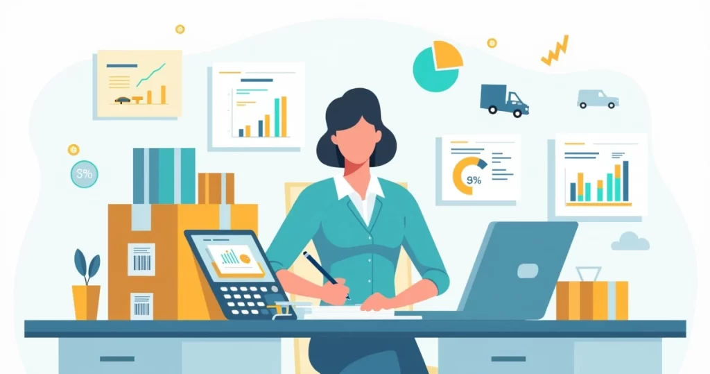 Como calcular seu lucro real no Mercado Livre em 2026 5 Vendedor de ecommerce analisando lucro com calculadora e caixas de envio